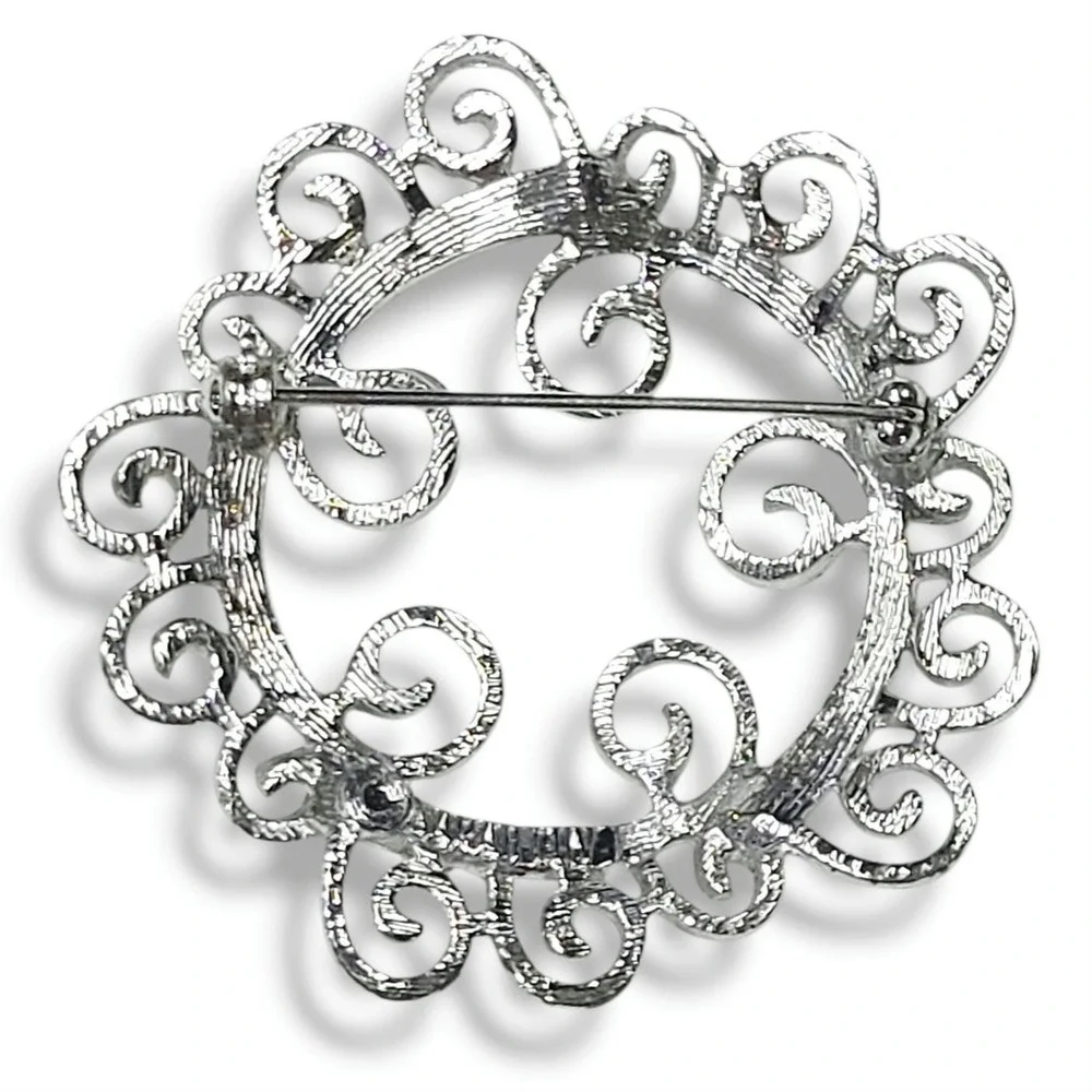 Vintage Sarah Coventry Filigree Scroll Wreath Circle Brooch Pin Silver Tone 2 In